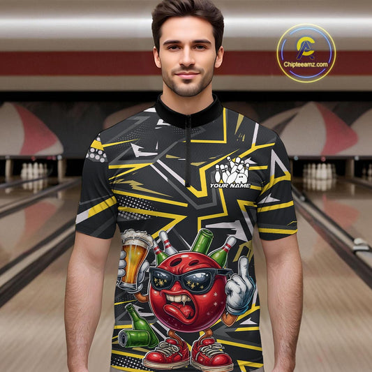 Custom Funny Bowling Ball Drink Beer Bowling Men Quarter-Zip Shirt, Yellow Bowling Team Shirt IPHW10120