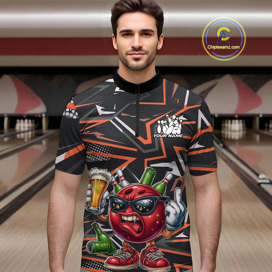 Custom Funny Bowling Ball Drink Beer Bowling Men Quarter-Zip Shirt, Orange Bowling Team Shirt IPHW10121