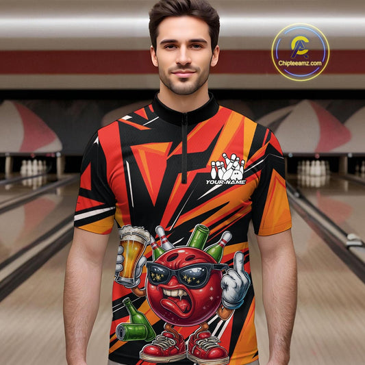 Custom Funny Bowling Ball Drink Beer Bowling Men Quarter-Zip Shirt, Orange Bowling Team Shirt IPHW10122