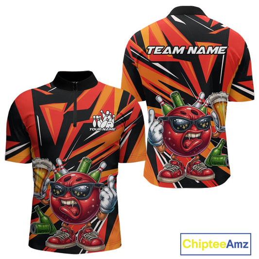 Custom Funny Bowling Ball Drink Beer Bowling Men Quarter-Zip Shirt, Orange Bowling Team Shirt IPHW10122
