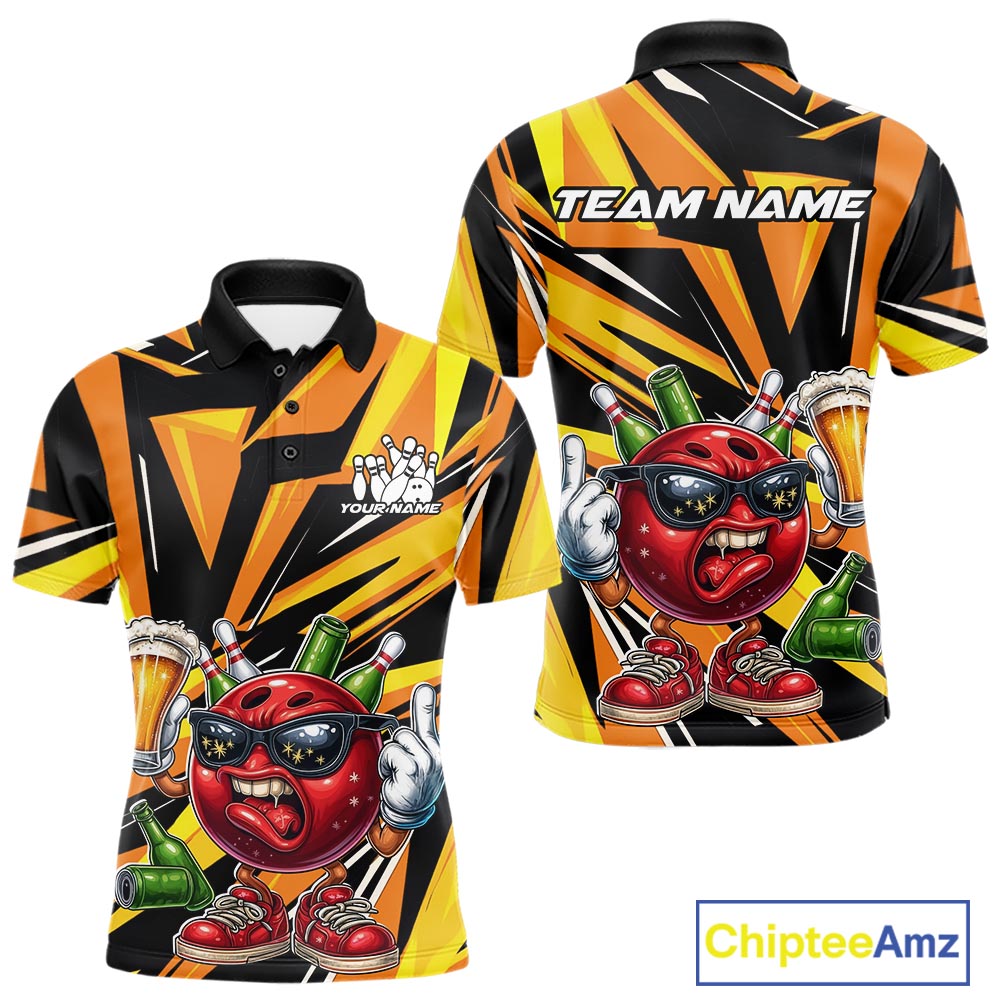 Custom Funny Bowling Ball Drink Beer Bowling Men Polo Shirt, Yellow Bowling Team Shirt IPHW10123