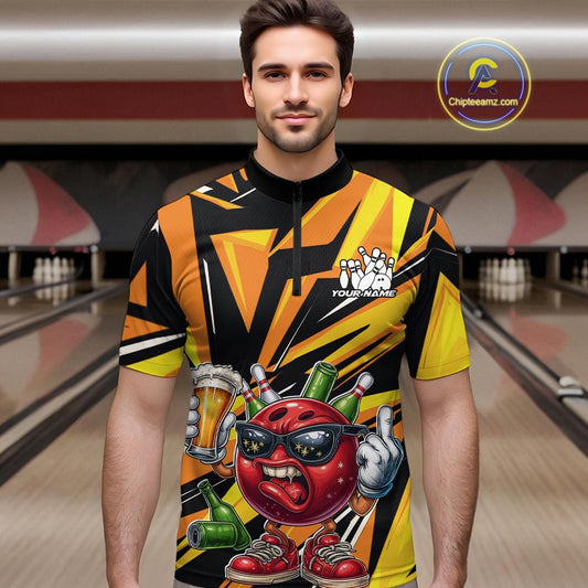 Custom Funny Bowling Ball Drink Beer Bowling Men Quarter-Zip Shirt, Yellow Bowling Team Shirt IPHW10123