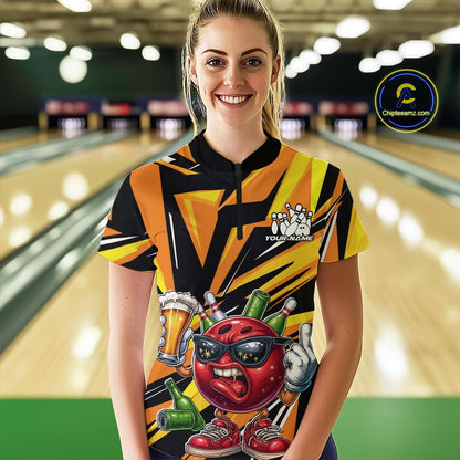 Custom Funny Bowling Ball Drink Beer Bowling Women Quarter-Zip Shirt, Yellow Team Shirt IPHW10123