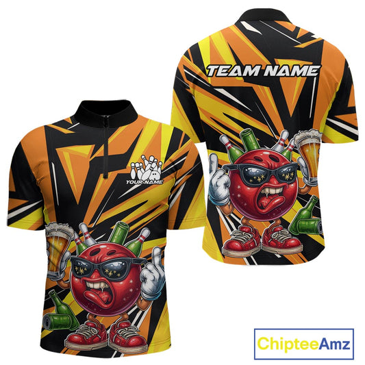 Custom Funny Bowling Ball Drink Beer Bowling Men Quarter-Zip Shirt, Yellow Bowling Team Shirt IPHW10123