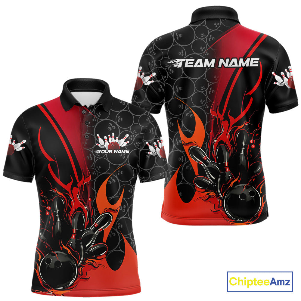 Custom Red Flame Bowling Pattern Bowling Men Polo Shirt, Bowling Team League Shirt IPHW9881