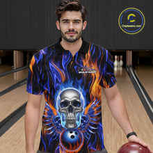 Load image into Gallery viewer, Custom Blue And Yellow Fire Flame Skull Bowling Men Polo Shirts, Hallloween Bowler Outfit IPHW9889