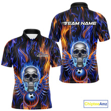 Load image into Gallery viewer, Custom Blue And Yellow Fire Flame Skull Bowling Men Polo Shirts, Hallloween Bowler Outfit IPHW9889