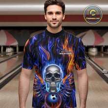 Load image into Gallery viewer, Custom Blue And Yellow Fire Flame Skull Bowling Men Quarter-Zip Shirts, Hallloween Bowler Outfit IPHW9889