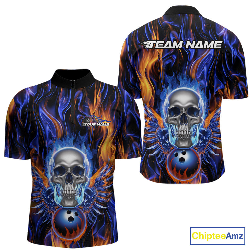 Custom Blue And Yellow Fire Flame Skull Bowling Men Quarter-Zip Shirts, Hallloween Bowler Outfit IPHW9889