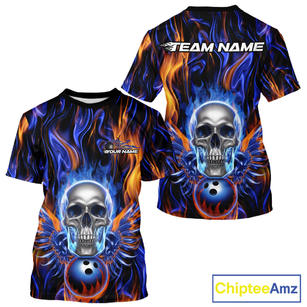 Custom Blue And Yellow Fire Flame Skull Bowling Men T-Shirts Shirts, Hallloween Bowler Outfit IPHW9889