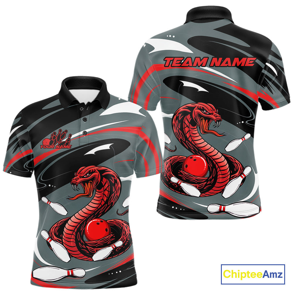 Custom Gray And Red Cobra Snake Bowling Polo Shirt For Men, Cobra Bowling Team Jersey IPHW9893