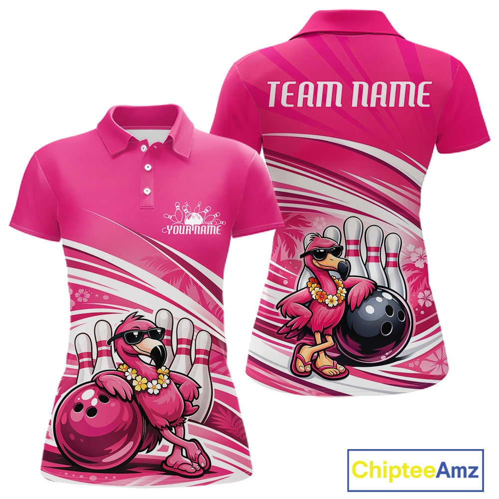 Front and back mockup of a pink women’s bowling polo shirt featuring a tropical flamingo wearing sunglasses and leaning on a bowling ball.