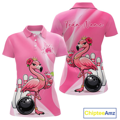 Front and back mockup of a pink women’s bowling polo shirt featuring a crowned flamingo holding a cocktail beside a bowling ball with hibiscus flower accents.