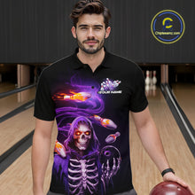 Load image into Gallery viewer, Custom Purple Flame Skeleton Grim Reaper Bowling Men Polo Shirt, Halloween Bowling Jersey IPHW9894