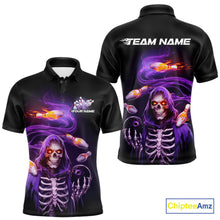 Load image into Gallery viewer, Custom Purple Flame Skeleton Grim Reaper Bowling Men Polo Shirt, Halloween Bowling Jersey IPHW9894