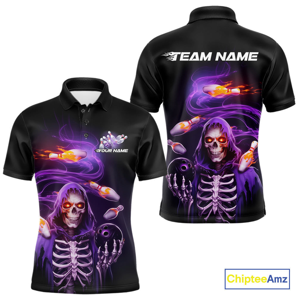 Custom Purple Flame Skeleton Grim Reaper Bowling Men Polo Shirt, Halloween Bowling Jersey IPHW9894