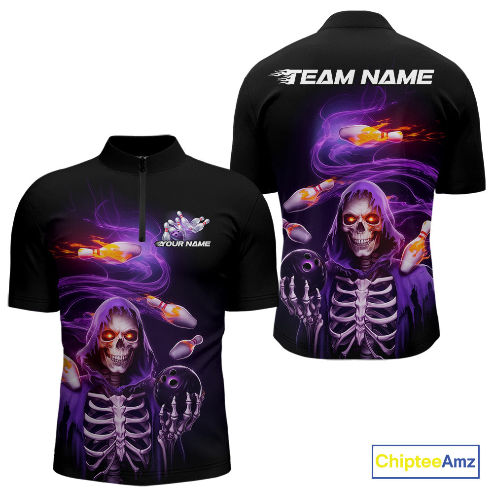 Custom Purple Flame Skeleton Grim Reaper Bowling Men Quarter-Zip Shirt, Halloween Bowling Jersey IPHW9894