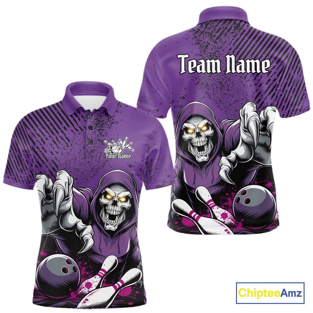 Custom Purple Splatter Skeleton Grim Reaper Bowling Men Polo Shirts, Halloween Outfits IPHW9896