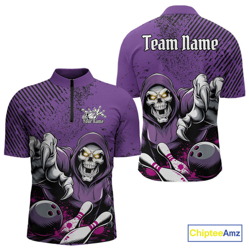 Custom Purple Splatter Skeleton Grim Reaper Bowling Men Quarter-Zip Shirts, Halloween Outfits IPHW9896