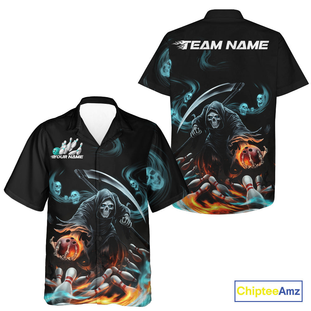 Custom Blue Skull Smoke Grim Reaper Bowling Men And Women Hawaiian Shirt, Halloween Bowling Jerseys IPHW9900