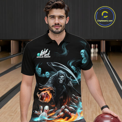 Custom Blue Skull Smoke Grim Reaper Bowling Men Polo Shirt, Halloween Bowling Jerseys IPHW9900