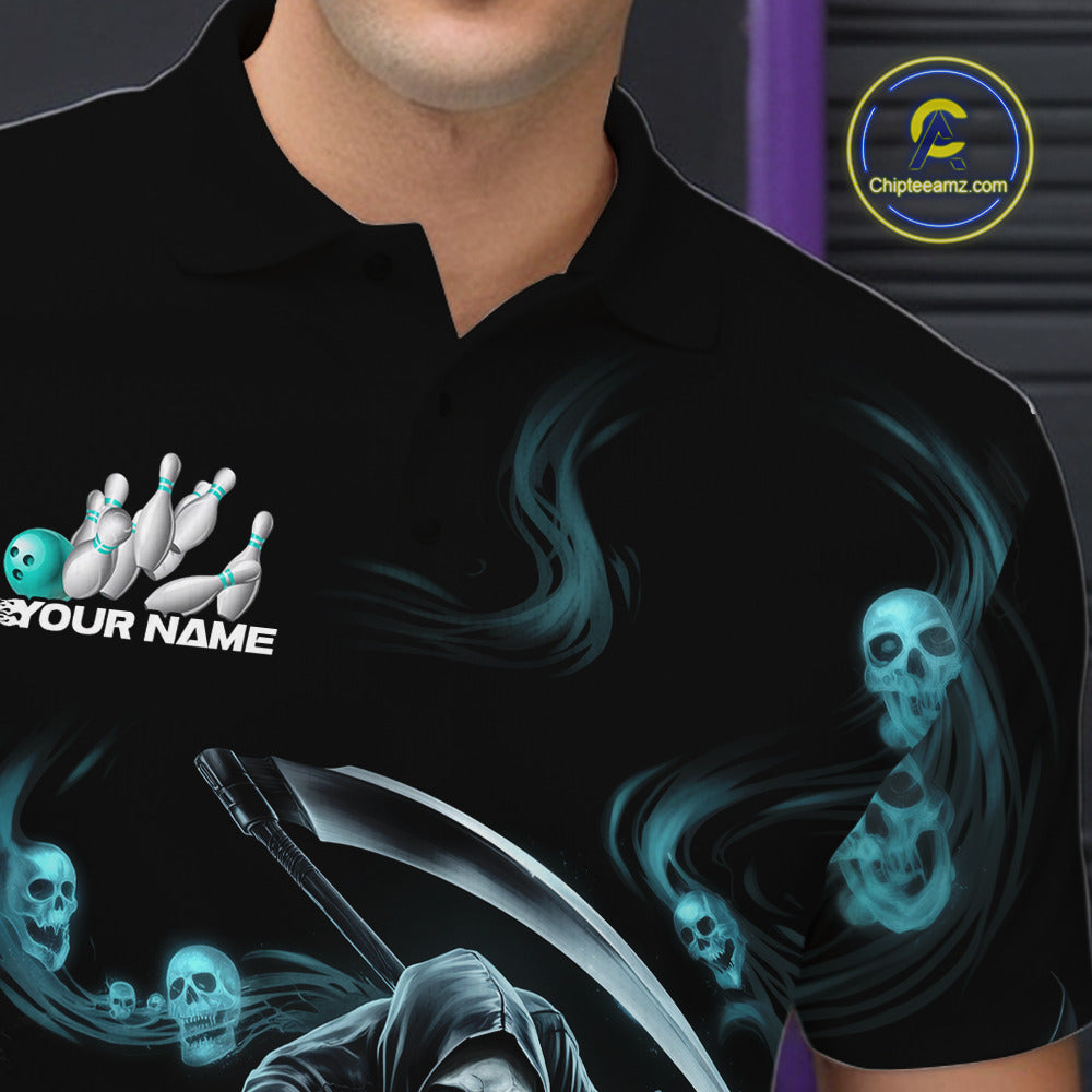 Custom Blue Skull Smoke Grim Reaper Bowling Men Polo Shirt, Halloween Bowling Jerseys IPHW9900