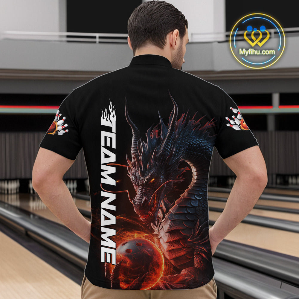 Custom Smoke Flame Dragon Bowling Quarter-Zip Shirt For Men, Dragon Bowling Team Jerseys IPHW9904