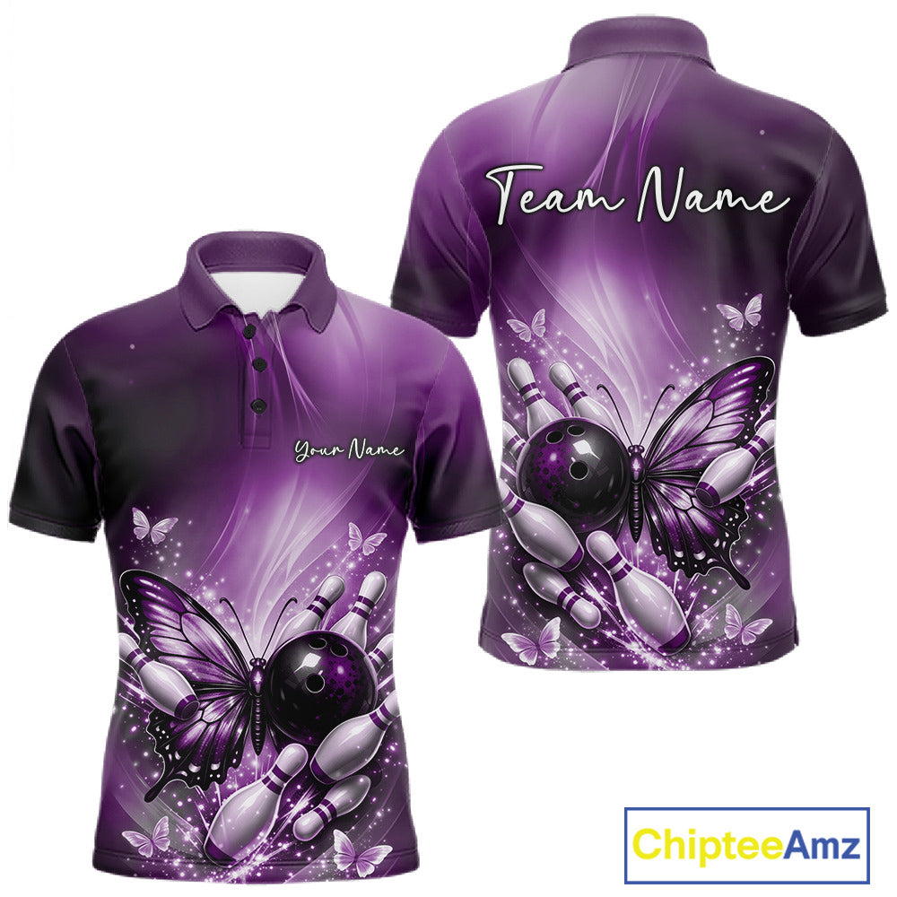Front and back mockup of a purple men’s bowling polo shirt featuring a butterfly beside a bowling ball with scattered bowling pins.