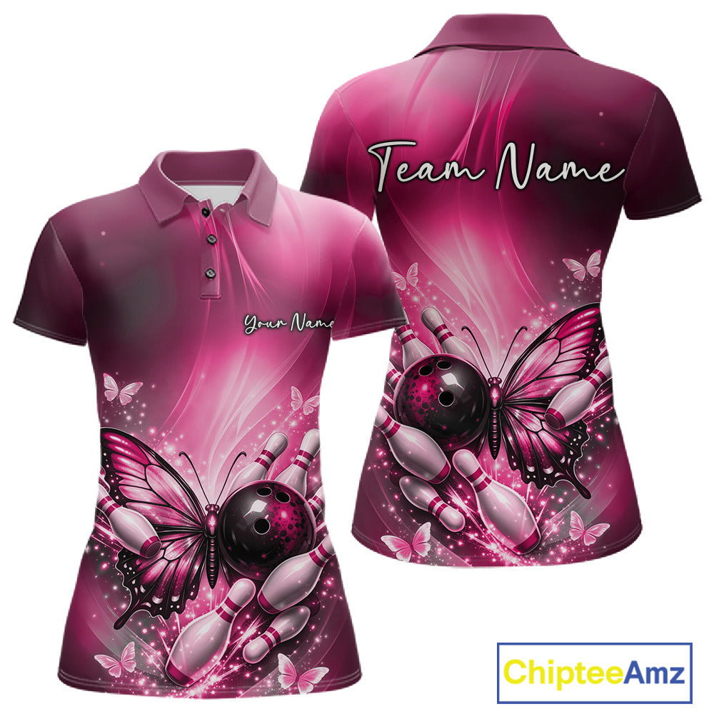 Front and back display of a pink women’s bowling polo shirt showcasing a butterfly beside a bowling ball with scattered bowling pins.