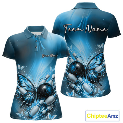Front and back mockup of a blue women’s bowling polo shirt featuring a butterfly beside a bowling ball with scattered bowling pins.