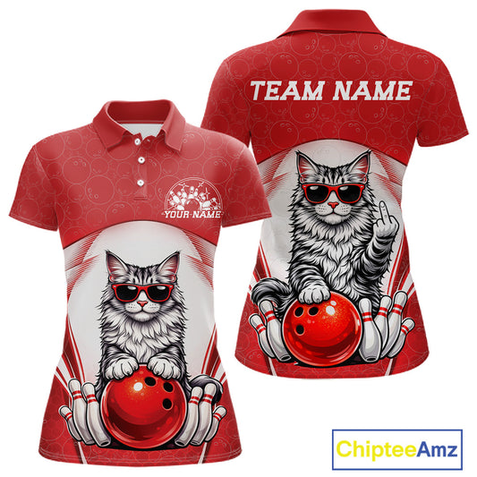 Front and back view of a white and red women’s bowling polo shirt featuring a Maine Coon cat wearing sunglasses and leaning on a bowling ball.