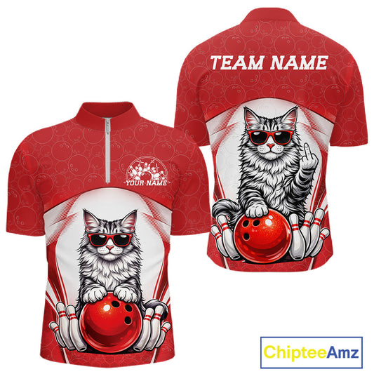 Front and back mockup of a white and red men’s bowling quarter-zip shirt featuring a Maine Coon cat wearing sunglasses and leaning on a bowling ball.