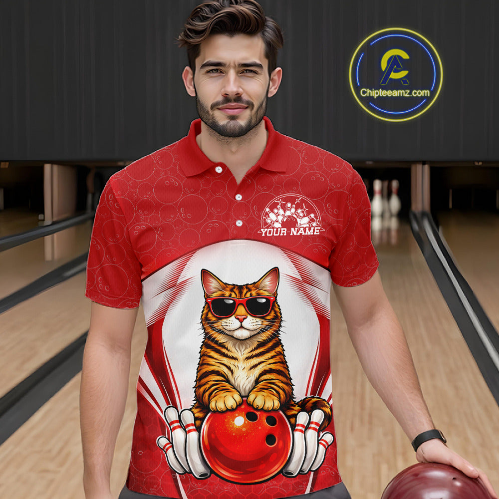 Male model wearing a bowling polo shirt at a bowling lane with a Bengal cat in sunglasses and bowling ball graphics.