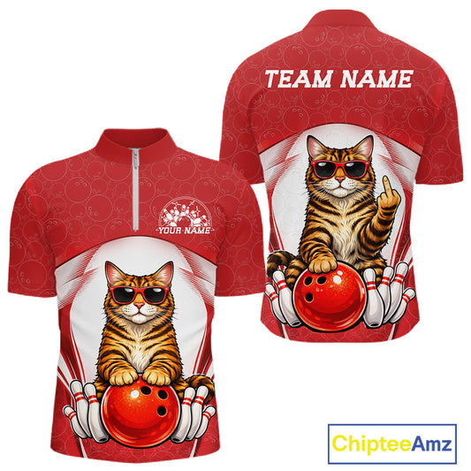 Front and back view of a white and red men’s bowling quarter-zip shirt featuring a golden brown Bengal cat in sunglasses leaning on a bowling ball.