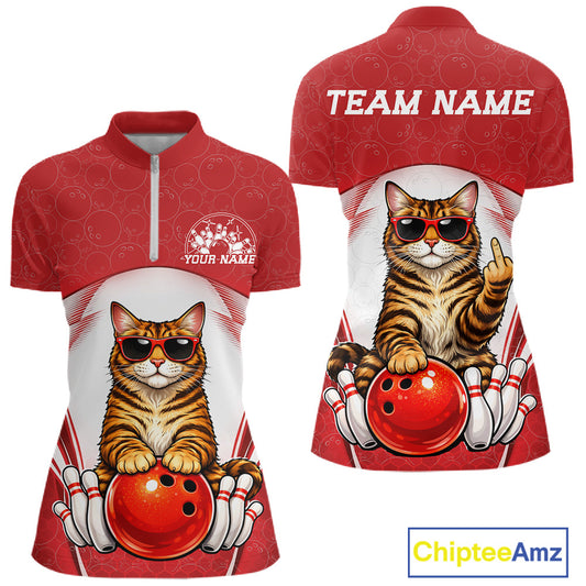 Front and back mockup of a white and red women’s bowling quarter-zip shirt showcasing a golden brown Bengal cat in sunglasses leaning on a bowling ball.