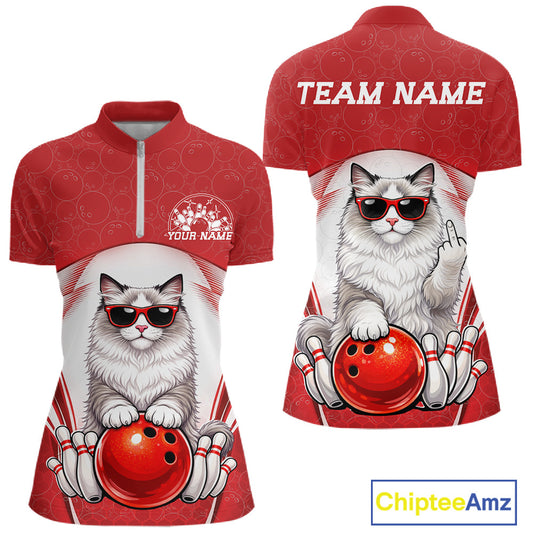 Front and back display of a white and red women’s bowling quarter-zip shirt featuring a ragdoll cat wearing sunglasses and leaning on a bowling ball.
