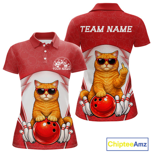 Front and back view of a white and red women’s bowling polo shirt featuring an orange British Shorthair cat wearing sunglasses and leaning on a bowling ball.
