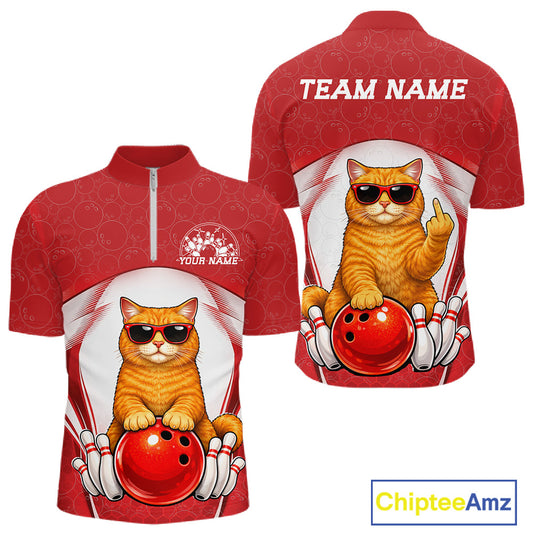 Front and back view of a white and red men’s bowling quarter-zip shirt featuring an orange British Shorthair cat wearing sunglasses and leaning on a bowling ball.