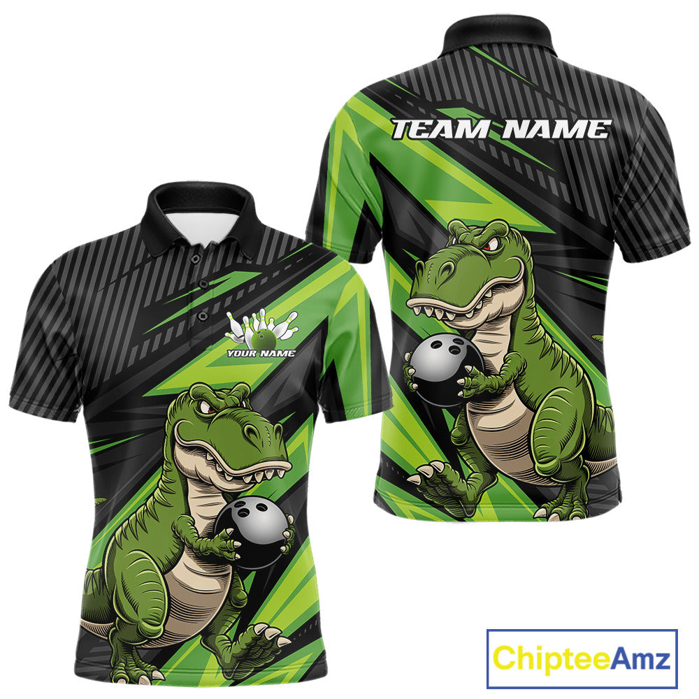 Custom Funny Green Bowling Dinosaur Bowling Men Polo Shirt, Bowling Team Shirt IPHW9927
