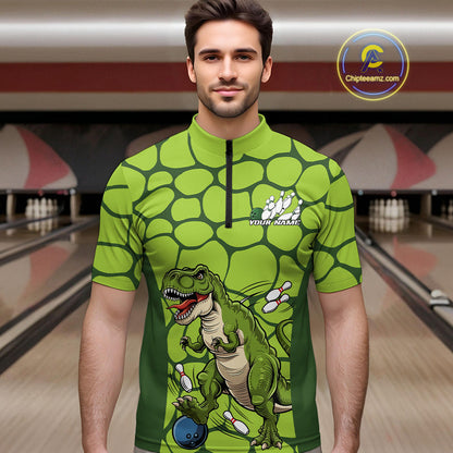 Custom Funny Green Dinosaur Bowling Team Men Quarter-Zip Shirt, Bowling Tournament Team Shirt IPHW9931