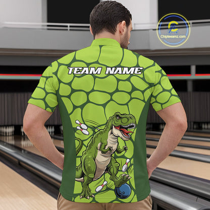 Custom Funny Green Dinosaur Bowling Team Men Quarter-Zip Shirt, Bowling Tournament Team Shirt IPHW9931