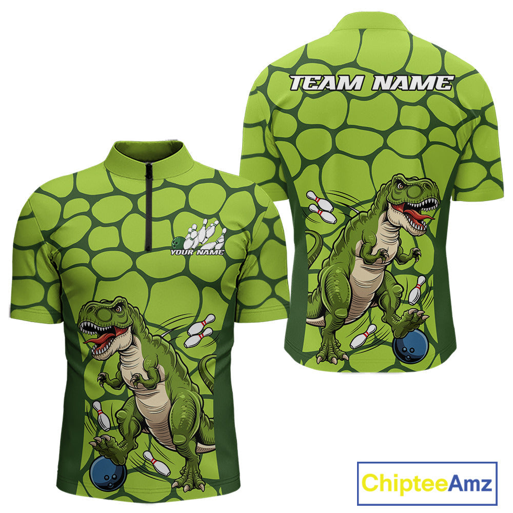 Custom Funny Green Dinosaur Bowling Team Men Quarter-Zip Shirt, Bowling Tournament Team Shirt IPHW9931