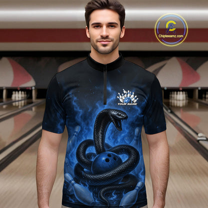 Custom Blue Flame Black Mamba Snake Bowling Men Quarter-Zip Shirt, Snake Bowling Team Jerseys IPHW10151