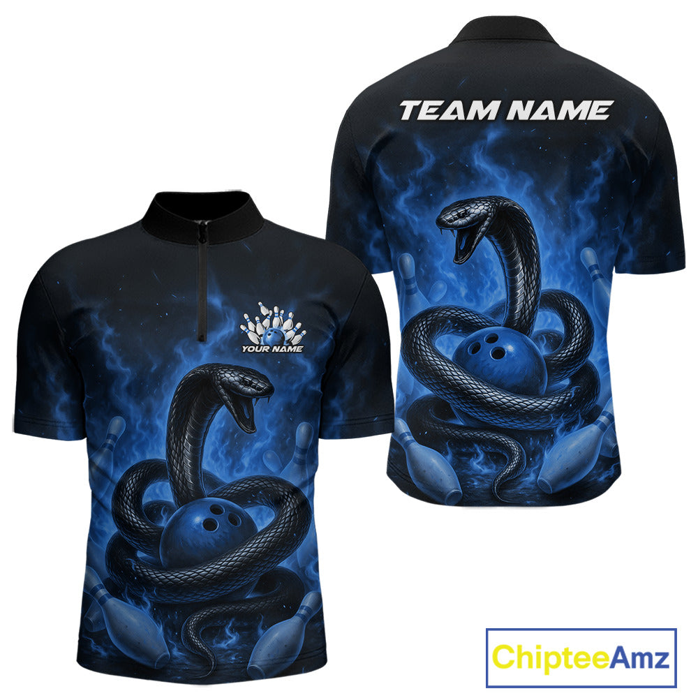Custom Blue Flame Black Mamba Snake Bowling Men Quarter-Zip Shirt, Snake Bowling Team Jerseys IPHW10151