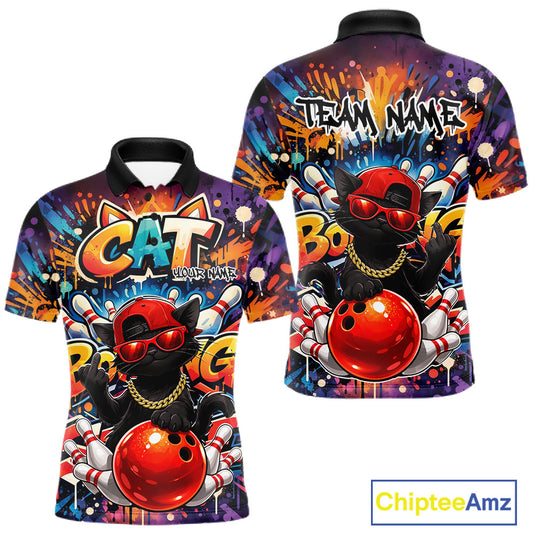 Front and back mockup of a colorful men’s bowling polo shirt featuring a black cat in sunglasses and a backward cap leaning on a bowling ball in graffiti style.