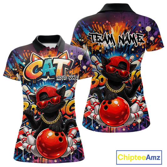 Front and back display of a colorful women’s bowling polo shirt featuring a black cat in sunglasses and a backward cap leaning on a bowling ball in graffiti style.