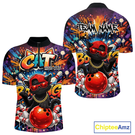 Front and back mockup of a colorful men’s bowling quarter-zip shirt featuring a black cat in sunglasses and a backward cap leaning on a bowling ball in graffiti style.