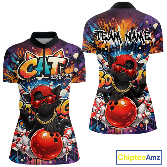 Front and back mockup of a colorful women’s bowling quarter-zip shirt featuring a black cat in sunglasses and a backward cap leaning on a bowling ball in graffiti style.