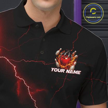 Close-up left chest graphic on a black and red bowling polo featuring a dragon claw and flaming bowling ball motif.