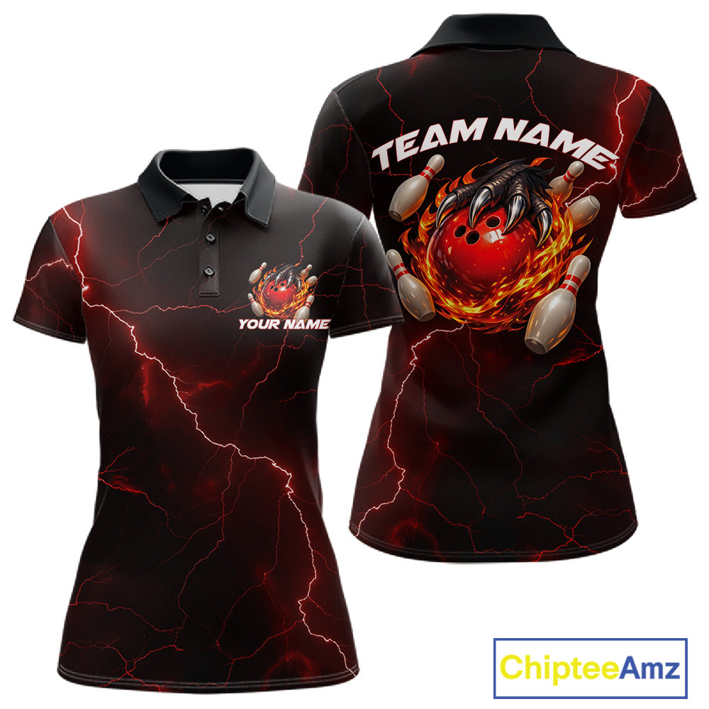 Front and back black and red womens bowling polo featuring a dragon claw gripping a flaming bowling ball with scattered pins and lightning fantasy artwork.